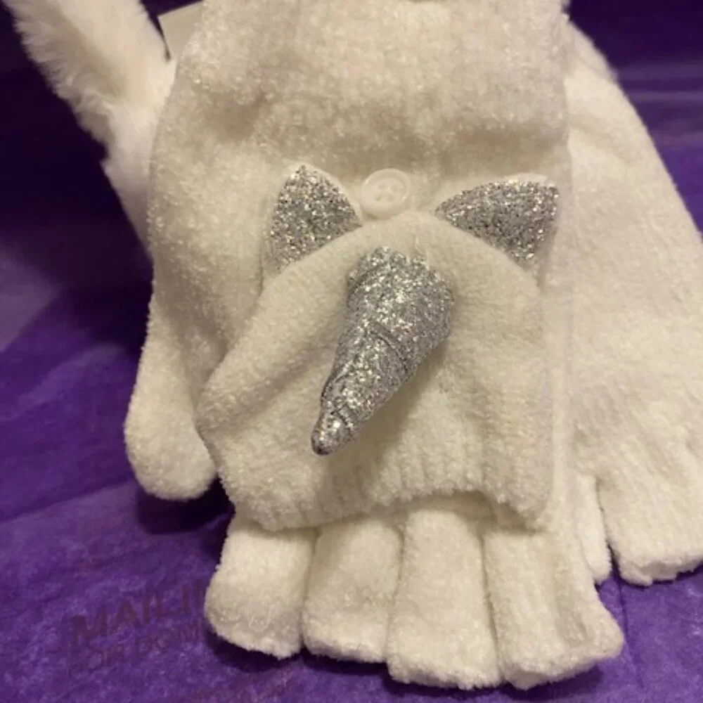 Claire's Unicorn Ear Muffs and Gloves with finger Over (Girls) White and Silver